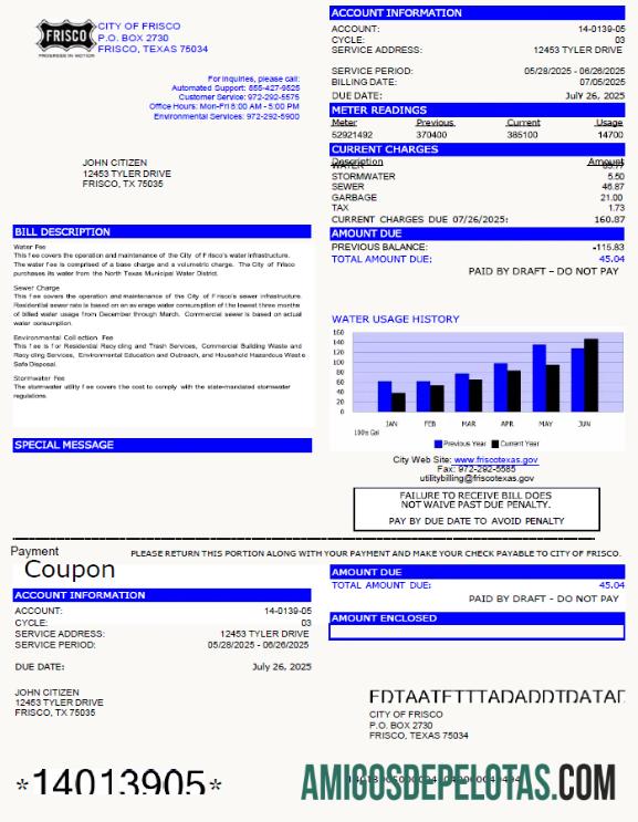 Para baixar modelo de conta de serviços públicos da cidade de Frisco nos formatos Word e PDF